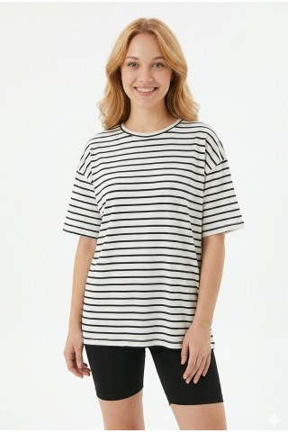 Kadın Yatay Çizgili Bisiklet Yaka Slim Fit Pamuklu Kısa Kollu Yazlık Tişört