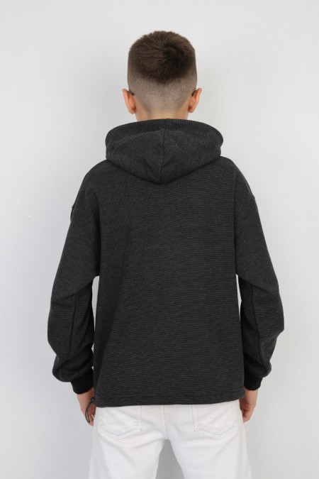 Yarım Fermuarlı Kapşonlu Baskılı Siyah Sweat