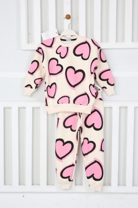 Üç İplik Şardonlu Baskılı Pembe Takım 