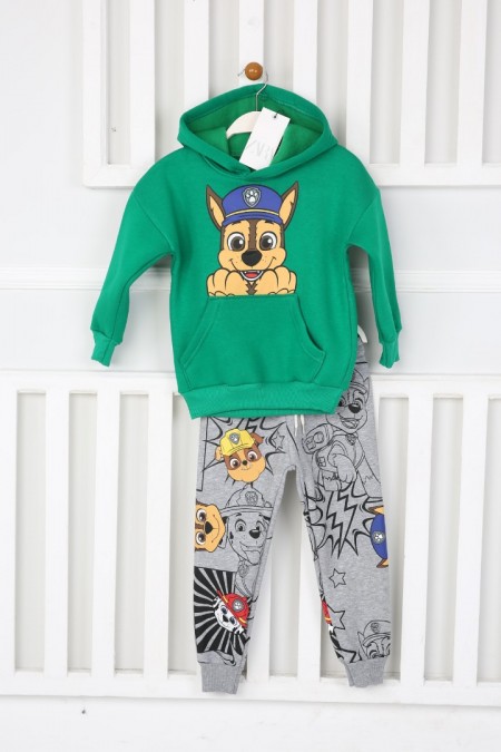 Üç İplik Şardonlu Kapşonlu Baskılı Yeşil Takım 