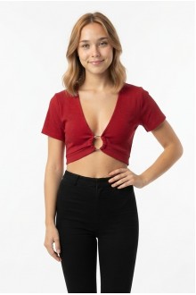Kadın Halka Aksesuarlı V Yaka Kısa Kollu Fitilli  Crop Bluz Tişört