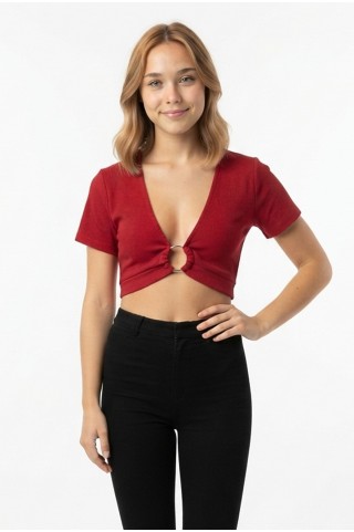 Kadın Halka Aksesuarlı V Yaka Kısa Kollu Fitilli  Crop Bluz Tişört