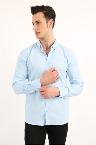 Armür Desenli Likralı Mavi Gömlek