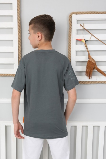  Sıfır Yaka Baskılı %100 Cotton Kumaş Antrasit Tişört