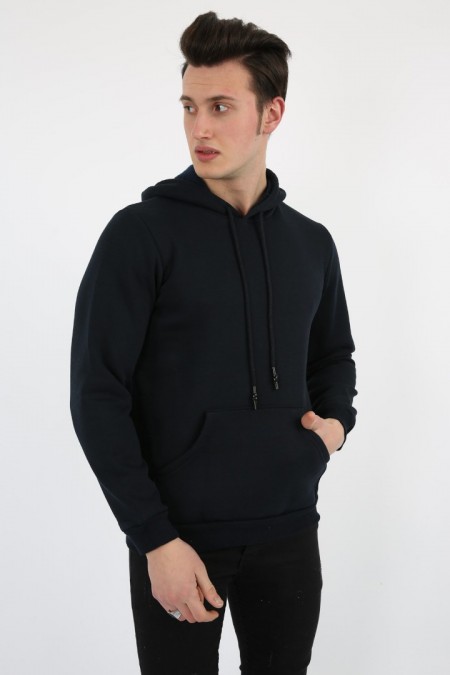 Üç İplik Şardonlu Kapşonlu Düz Erkek Günlük Sweatshirt