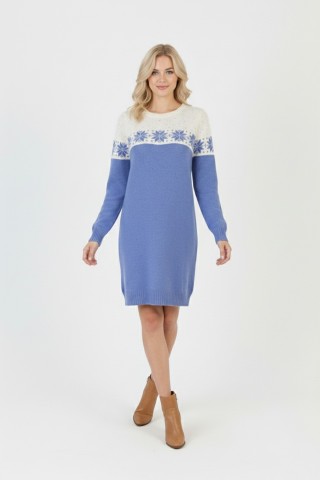 Kadın Mavi Kar Tanesi Desenli Bisiklet Yaka Uzun Kollu Jakarlı Mini Triko Kazak Elbise