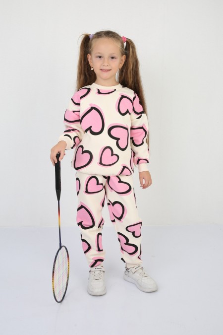 Üç İplik Şardonlu Baskılı Pembe Takım 