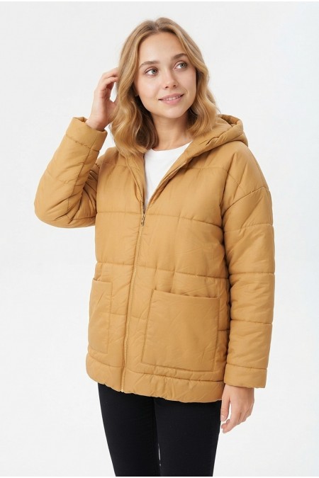 Kadın Fermuarlı Cepli Kapüşonlu Oversize Şişme Mont