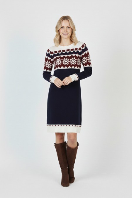 Kadın Lacivert Desenli Bisiklet Yaka Uzun Kollu Jakarlı Triko Kazak Elbise