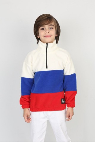 Full Polar Kumaş Yarım Fermuarlı Garnili Saks Sweat