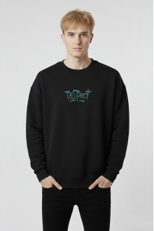 Erkek Siyah Oversize Bisiklet Yaka Kabartma Baskılı Pamuklu Sweatshirt