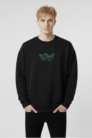 Erkek Siyah Oversize Bisiklet Yaka Kabartma Baskılı Pamuklu Sweatshirt