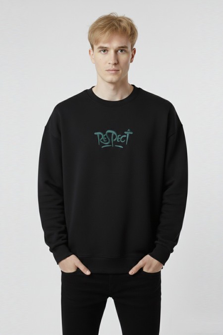 Erkek Siyah Oversize Bisiklet Yaka Kabartma Baskılı Pamuklu Sweatshirt