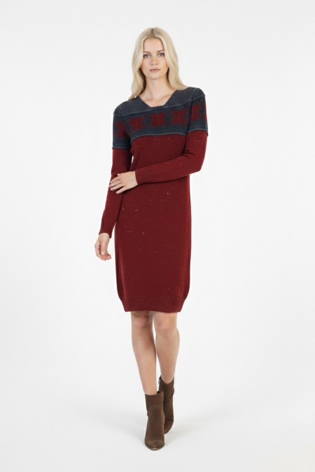 Kadın Bordo Kar Tanesi Desenli Bisiklet Yaka Uzun Kollu Jakarlı Mini Triko Kazak Elbise