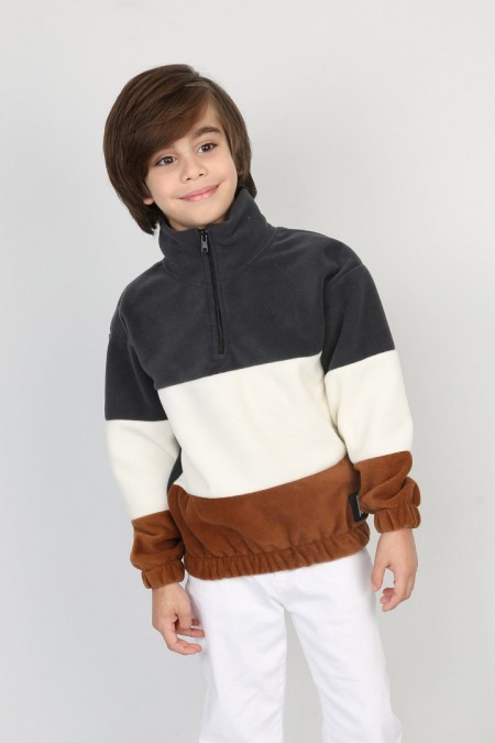 Full Polar Kumaş Yarım Fermuarlı Garnili Füme Sweat