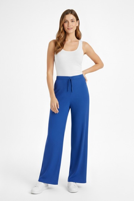 Kadın Saks Mavi Yüksek Bel Fitilli Örme Bağcıklı Esnek Likralı Geniş Paça Pantolon