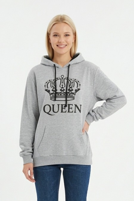 Kadın Gri Queen Yazılı Taç Baskılı Kapüşonlu Kanguru Cepli Sweatshirt