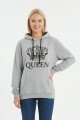 Kadın Gri Queen Yazılı Taç Baskılı Kapüşonlu Kanguru Cepli Sweatshirt