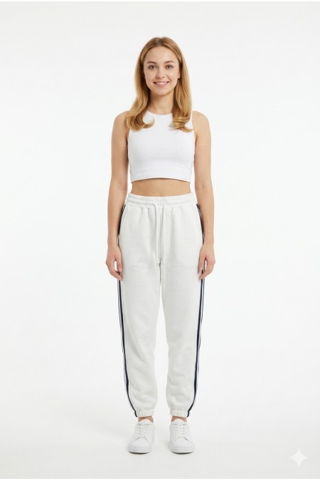 Bayan İki İplik Üç Çizgili Rahat Kesim Lastik Paçalı Cepli Günlük Spor Giyim Alt Eşofman