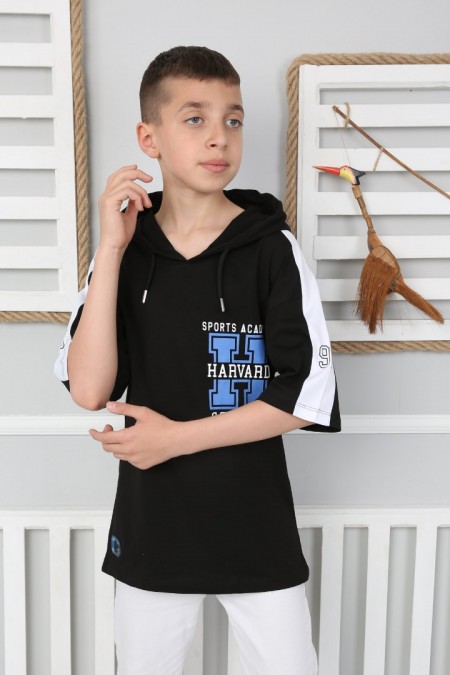 Kapşonlu 100% Cotton Baskılı Siyah Tişört