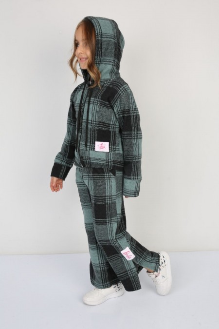 Şardonlu Pamuklu Jakar Kumaş Kareli 3 lü Haki Takım