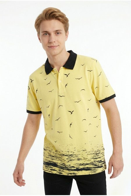 Erkek Martı Desenli Garnili Polo Yaka Kısa Kollu Slim Fit Pamuklu Tişört