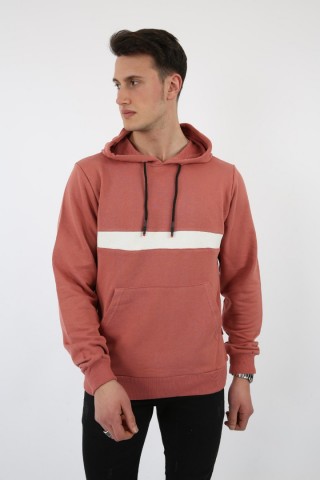 Üç İplik Kapşonlu Kalın Çizgili Kanguru Cepli Erkek Günlük Sweatshirt