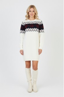 Kadın Beyaz Bel Desenli Bisiklet Yaka Standart Kol Jakarlı Örgü Triko Kazak Elbise