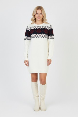 Kadın Beyaz Bel Desenli Bisiklet Yaka Standart Kol Jakarlı Örgü Triko Kazak Elbise