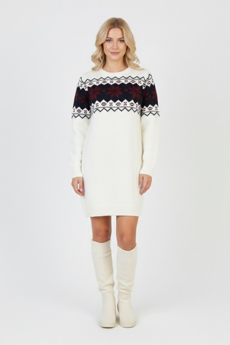 Kadın Beyaz Bel Desenli Bisiklet Yaka Standart Kol Jakarlı Örgü Triko Kazak Elbise