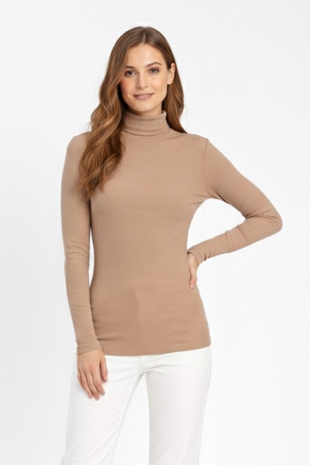 Kadın Kahve Balıkçı Yaka Uzun Kollu Fitilli Slim Fit Şık Günlük Triko Body