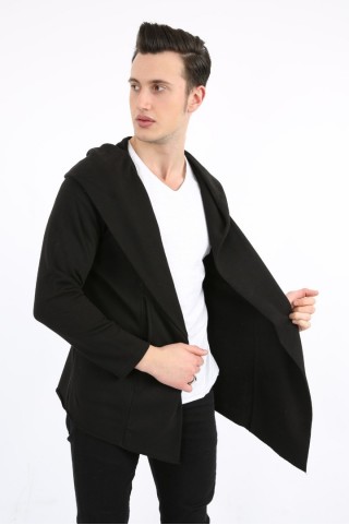  Kapşonlu Siyah Panço Hırka