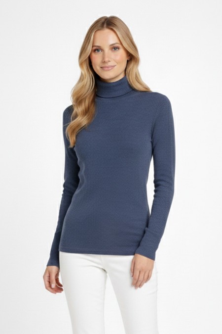 Kadın İndigo Balıkçı Yaka Uzun Kollu Fitilli Slim Fit Şık Günlük Triko Body