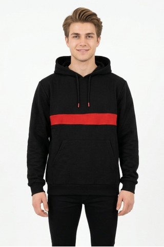 Erkek Üç İplik Kapşonlu Kalın Çizgili Kanguru Cepli Günlük Sweatshirt
