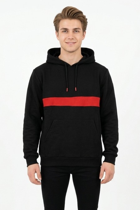 Erkek Üç İplik Kapşonlu Kalın Çizgili Kanguru Cepli Günlük Sweatshirt