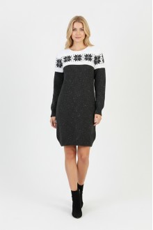 Kadın Füme Kar Tanesi Desenli Bisiklet Yaka Uzun Kollu Jakarlı Mini Triko Kazak Elbise