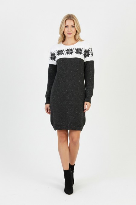 Kadın Füme Kar Tanesi Desenli Bisiklet Yaka Uzun Kollu Jakarlı Mini Triko Kazak Elbise