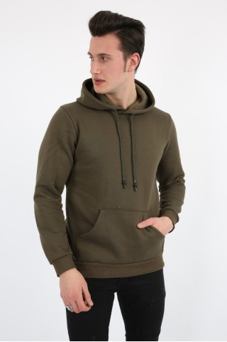  3 İplik Şardonlu Kapşonlu Düz Haki Sweat