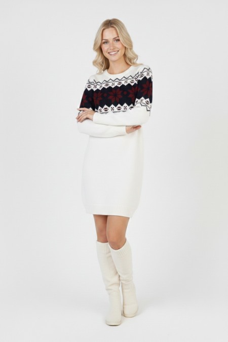 Kadın Beyaz Bel Desenli Bisiklet Yaka Standart Kol Jakarlı Örgü Triko Kazak Elbise