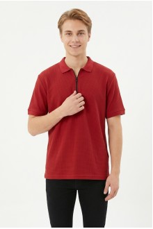 Erkek Fermuar Detaylı Polo Yaka Kısa Kollu Dokulu Slim Fit Örme Tişört