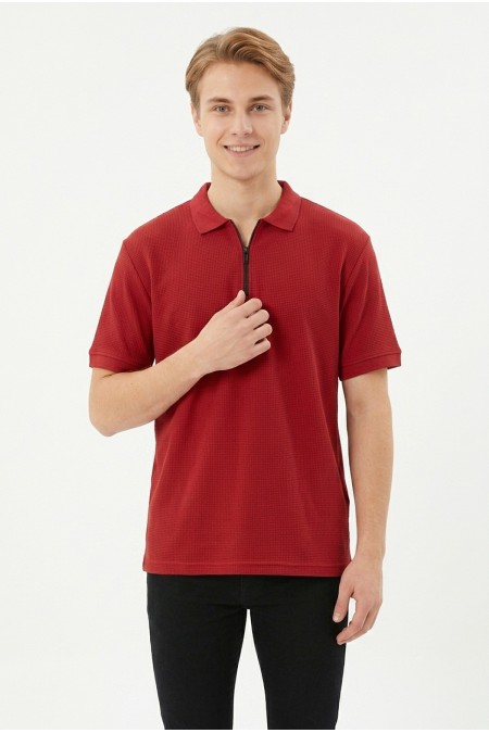 Erkek Fermuar Detaylı Polo Yaka Kısa Kollu Dokulu Slim Fit Örme Tişört