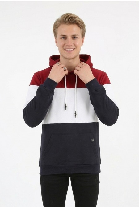 Erkek Üç İplik Şardonlu Kapüşonlu Parçalı Kanguru Cepli Günlük Sweatshirt
