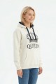 Kadın Beyaz Queen Yazılı Taç Baskılı Kapüşonlu Kanguru Cepli Sweatshirt