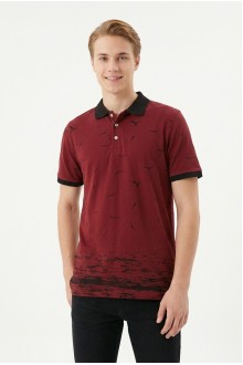 Uniseks Martı Desenli Garnili Polo Yaka Kısa Kollu Slim Fit Pamuklu Tişört