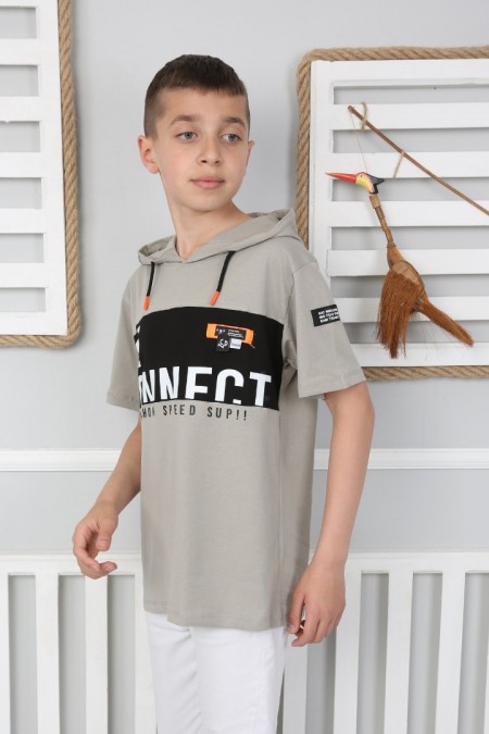 Kapşonlu Baskılı 100% Cotton Vizon Tişört