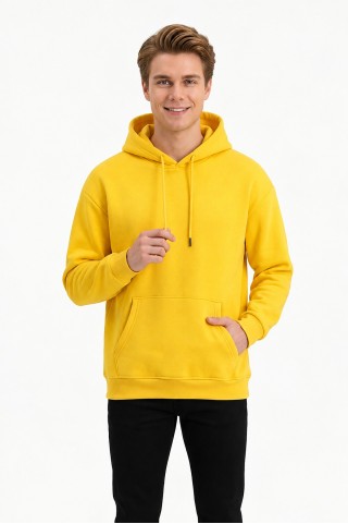 Üç İplik Şardonlu Kapşonlu Düz Erkek Günlük Sweatshirt