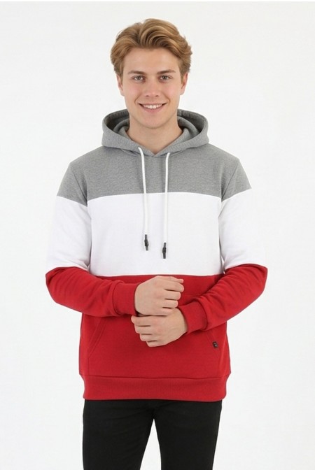 Erkek Üç İplik Şardonlu Kapüşonlu Parçalı Kanguru Cepli Günlük Sweatshirt