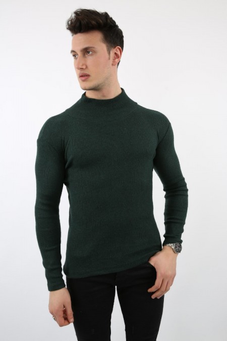 Likralı Boğazlı Koyu Yeşili Sweat