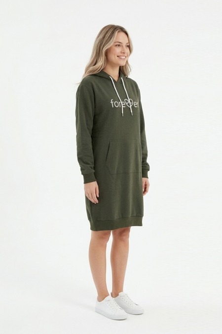 Kadın Haki Forever Baskılı Kapüşonlu Kanguru Cepli Uzun Sweatshirt Tunik Elbise