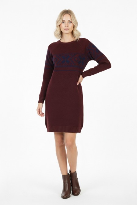  Kadın Bordo Kar Tanesi Desenli Bisiklet Yaka Raglan Kol Jakarlı Triko Mini Kazak Tunik